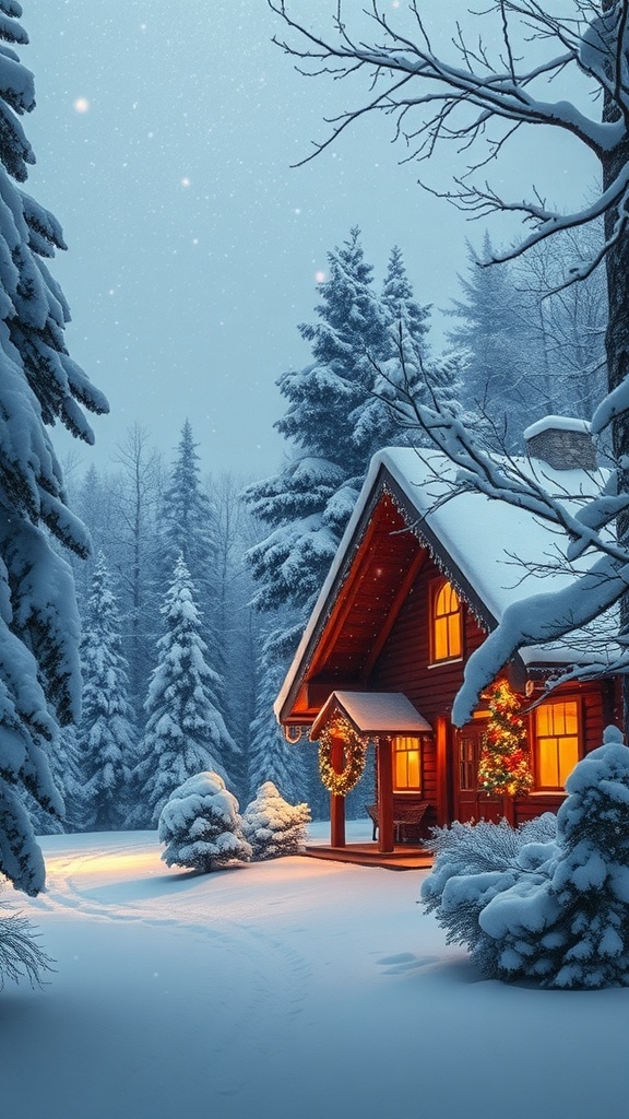 A cozy winter scene with snow-covered trees, a cabin with warm lights, and twinkling Christmas decorations.